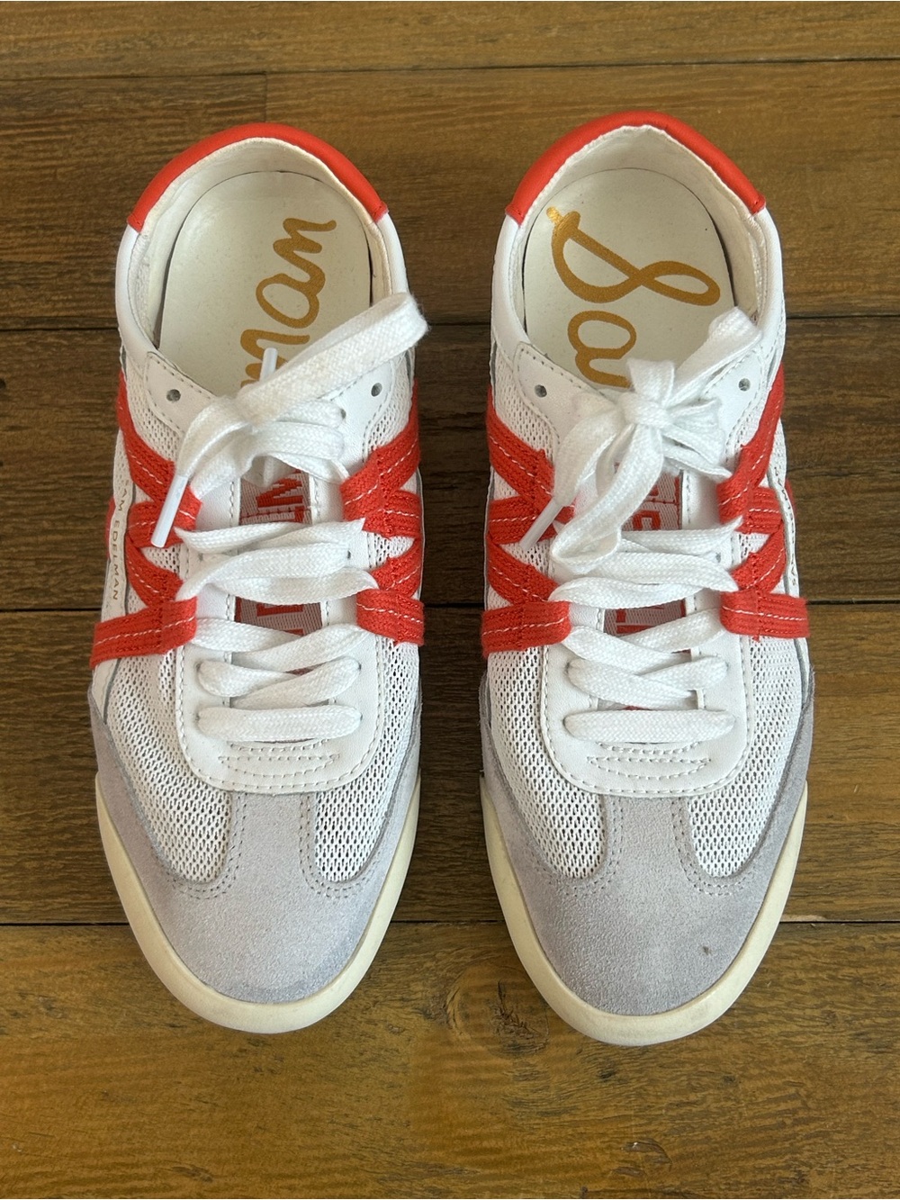 Sam Edelman Irma White & Red Sneakers with Suede Toe - Picture 3 of 15